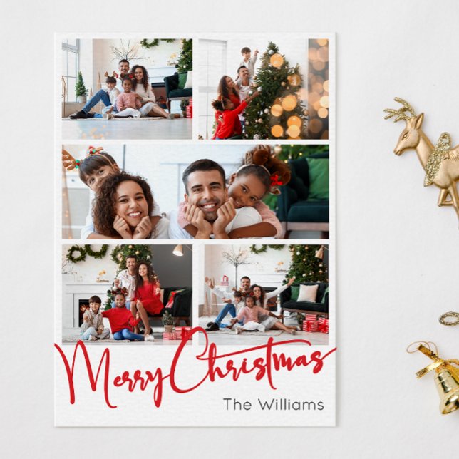 Red Script Merry Christmas Vertical 8 Photo Holiday Card (Creator Uploaded)