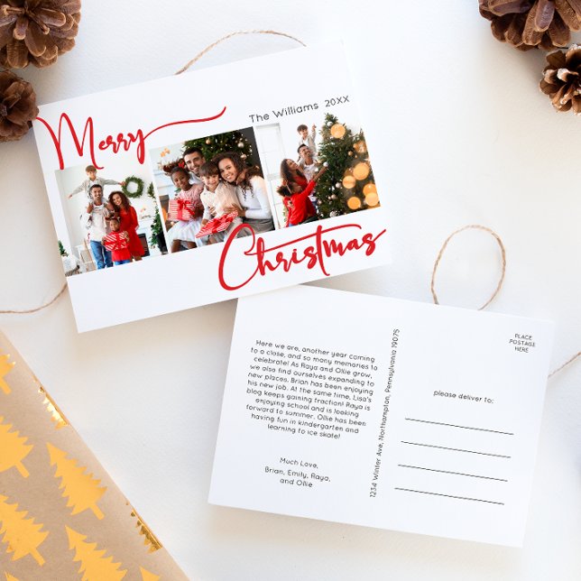 Red Script Merry Christmas Year in Review 3 Photo Holiday Postcard (Creator Uploaded)