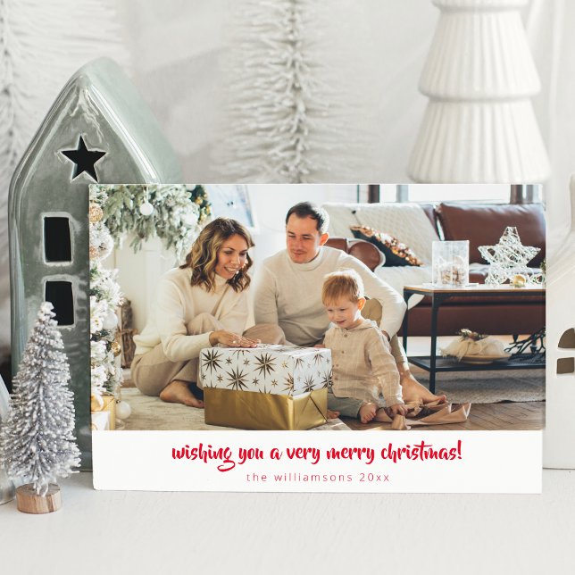 Red Script Minimalist Christmas 1 Photo Horizontal Holiday Card (Creator Uploaded)