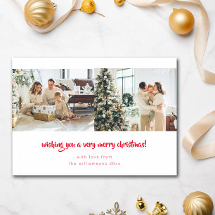 Red Script Minimalist Christmas 2 Photo Horizontal Holiday Card