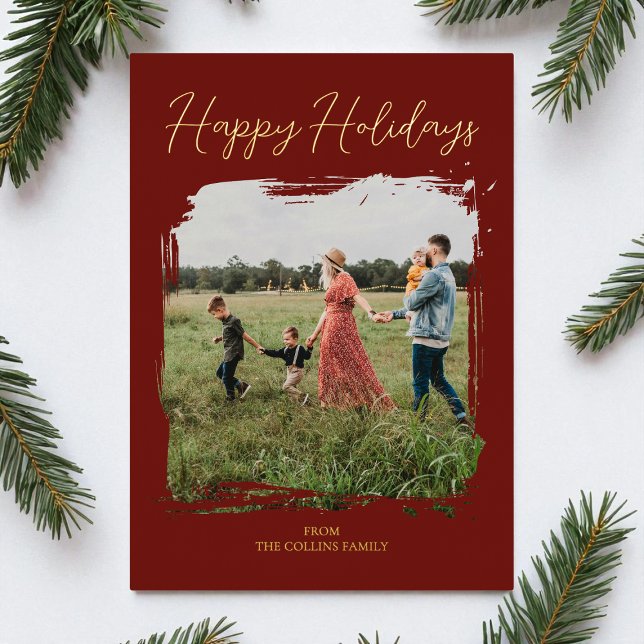 Red Script Modern Minimal Photo Happy Holidays Foil Holiday Card (Red Script Modern Minimal Photo Happy Holidays Foil Holiday Card)