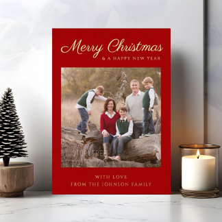 Red Script Photo Christmas Gold Foil Holiday Card