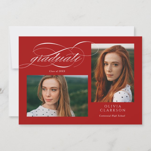 Red Script QR Code 3 Photo Graduation Party Invitation (Front)