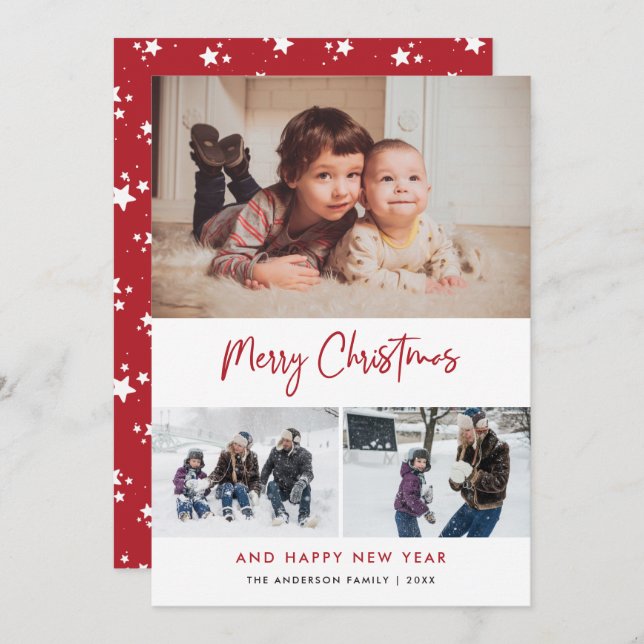 Red Script Stars Christmas 3 Photo Collage Holiday Card (Front/Back)