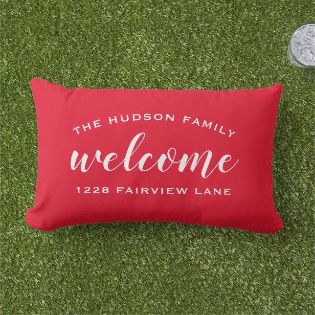 Red Script Welcome Monogram Porch Lumbar Cushion (Grass)
