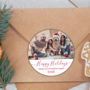 Red Script White Family Photo Happy Holidays Classic Round Sticker