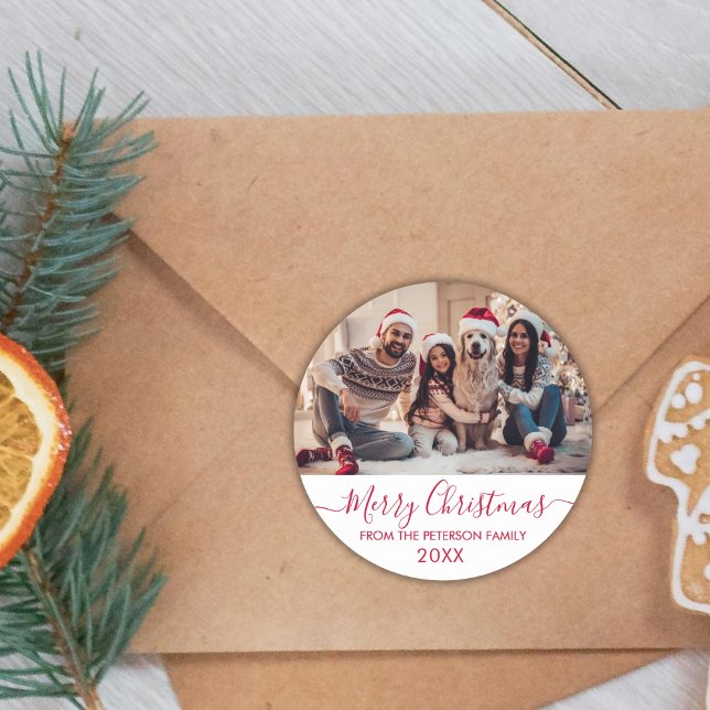 Red Script White Family Photo Merry Christmas Classic Round Sticker (Creator Uploaded)