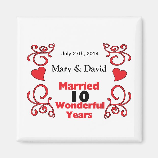 Red Scroll & Hearts Names & Date 10 Yr Anniversary Magnet (Front)