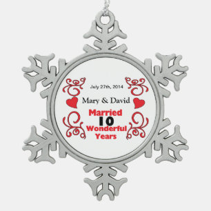 Red Scroll & Hearts Names & Date 10 Yr Anniversary Snowflake Pewter Christmas Ornament