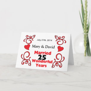 Red Scroll & Hearts Names & Date 25 Yr Anniversary Card