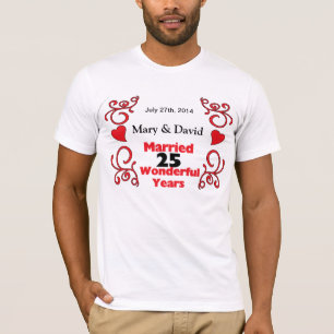 Red Scroll & Hearts Names & Date 25 Yr Anniversary T-Shirt