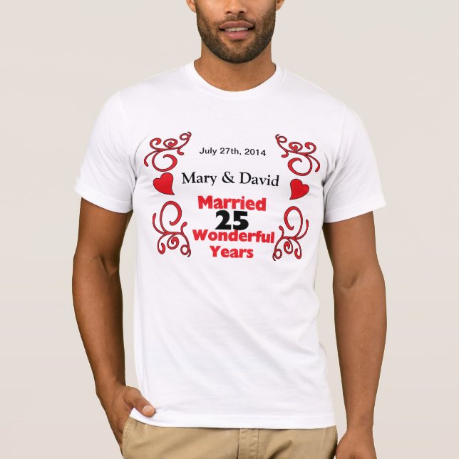 Red Scroll & Hearts Names & Date 25 Yr Anniversary T-Shirt (Front)