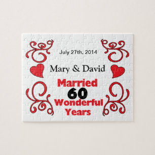 Red Scroll & Hearts Names & Date 60 Yr Anniversary Jigsaw Puzzle