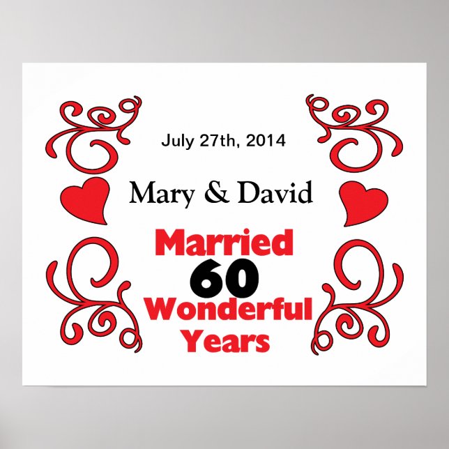 Red Scroll & Hearts Names & Date 60 Yr Anniversary Poster (Front)
