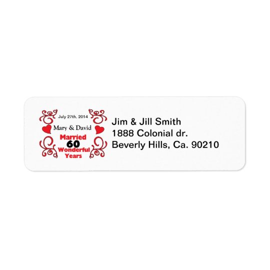 Red Scroll & Hearts Names & Date 60 Yr Anniversary Return Address Label