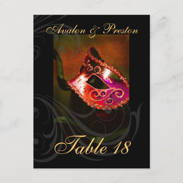 Red Scroll Masquerade Table Placecard Postcard (Front)