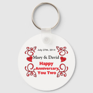 Red Scrolls & Heart Names & Date Happy Anniversary Key Ring