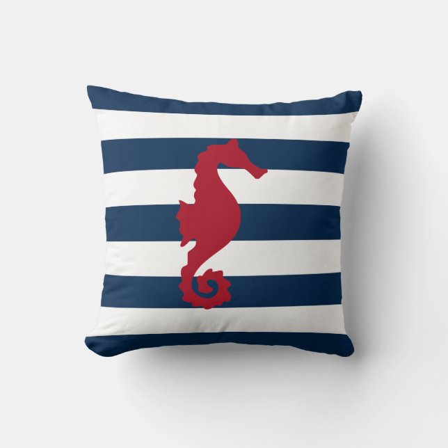Red Sea horse Navy blue stripes nautical pillow (Front)