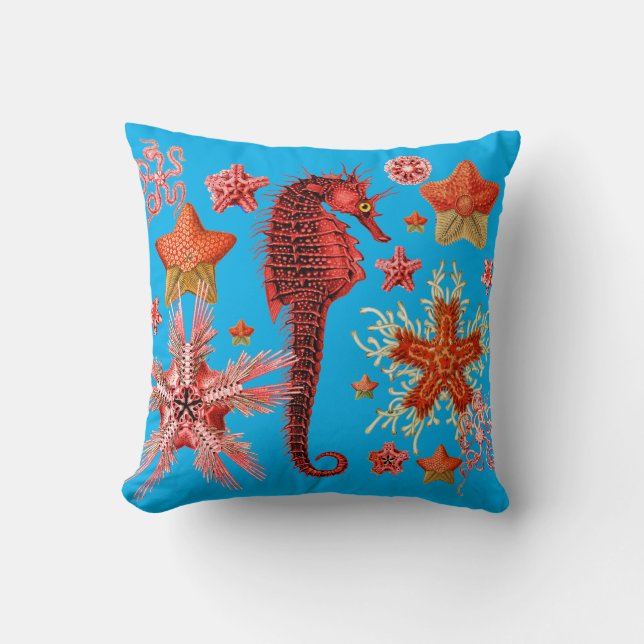 RED SEAHORSE AND SEASTARS IN AQUA BLUE Sea Life Cushion (Front)
