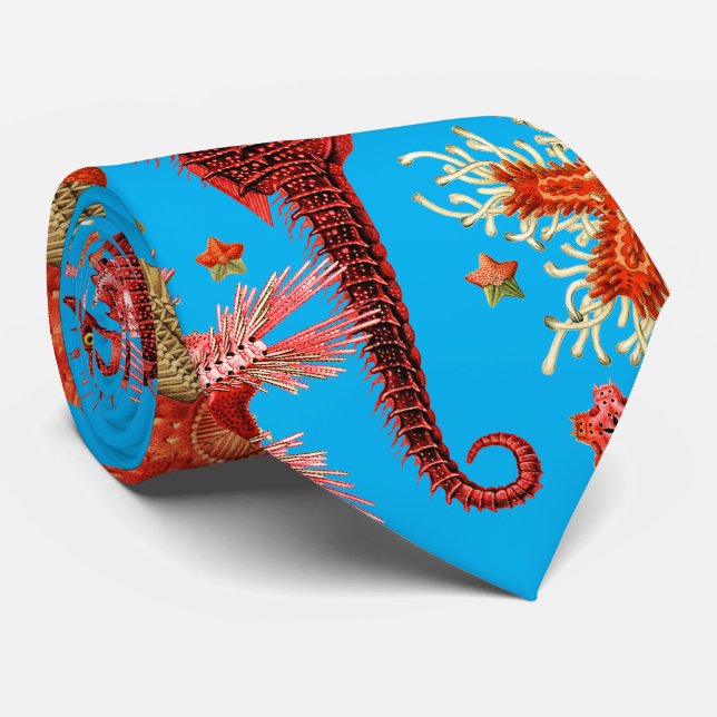 RED SEAHORSE AND SEASTARS IN AQUA BLUE Sea Life Tie (Rolled)