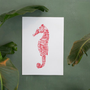 Red seahorse animal illustration sea life minimal poster