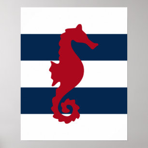 Red Seahorse on navy & white stripes print poster