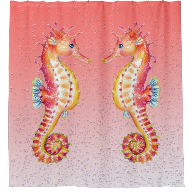 Red Seahorse Red Bubbles Shower Curtain (Front)
