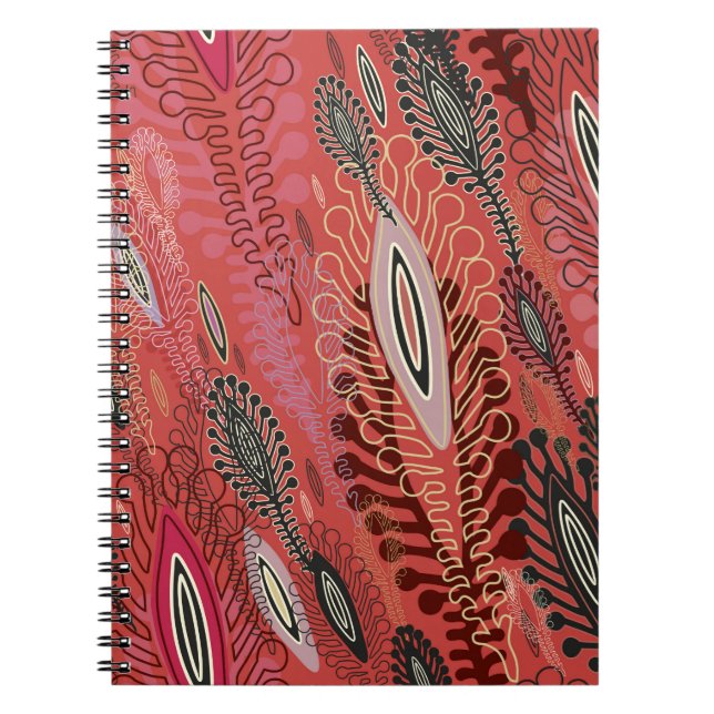 Red seamless decorative background with stylised v notebook (Front)