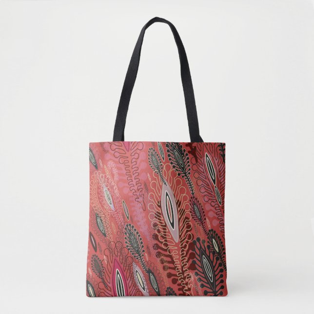 Red seamless decorative background with stylised v tote bag (Front)