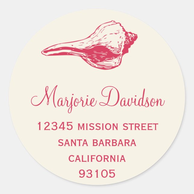 Red seashell beach life circle address label (Front)