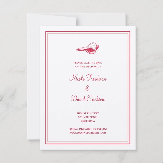 Red seashell wedding announcement save the date (Front)