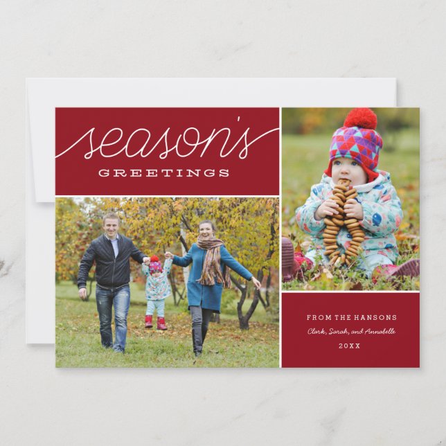 Red "Season's Greetings" Two Photo Holiday Card (Front)