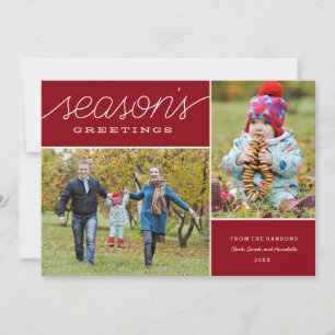 Red "Season's Greetings" Two Photo Holiday Card