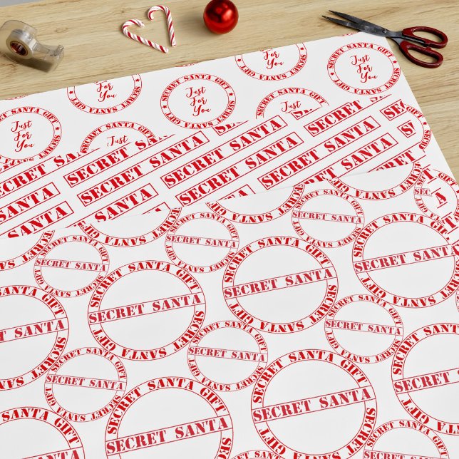 Red Secret Santa Text Wrapping Paper Sheets (Secret Santa gift wrap perfect for your annual Gift Exchange)