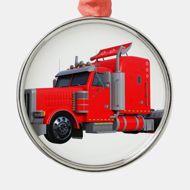 Red Semi Tracter Trailer Metal Ornament (Front)