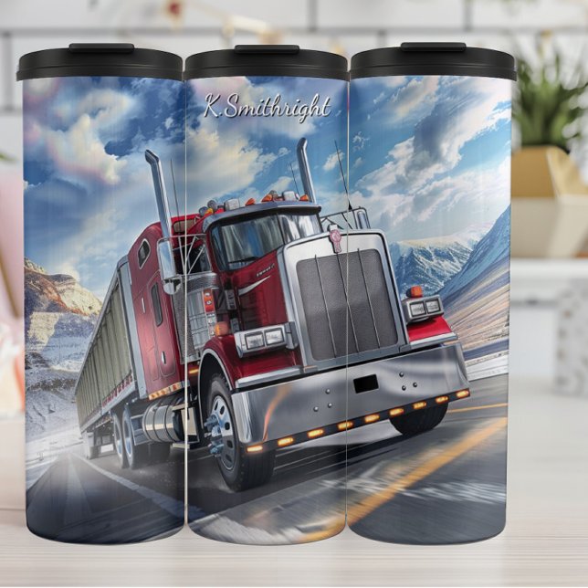 Red Semi Truck Mountain Highway Thermal Tumbler (Creator Uploaded)