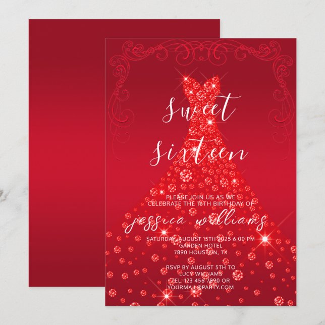 Red Sequin Ball Gown & Swirls Sweet 16 Birthday Invitation (Front/Back)