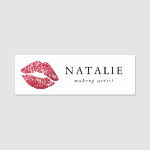 Red Sequins Glitter Lips Makeup Artist Name Tag