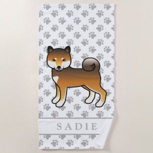 Red Sesame Shiba Inu Cartoon Dog & Name Beach Towel