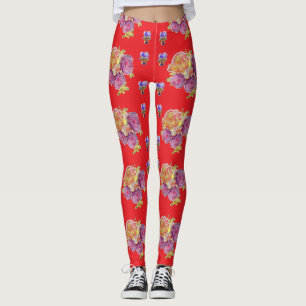 Red Shabby Chic Roses Rose Floral pattern Leggings