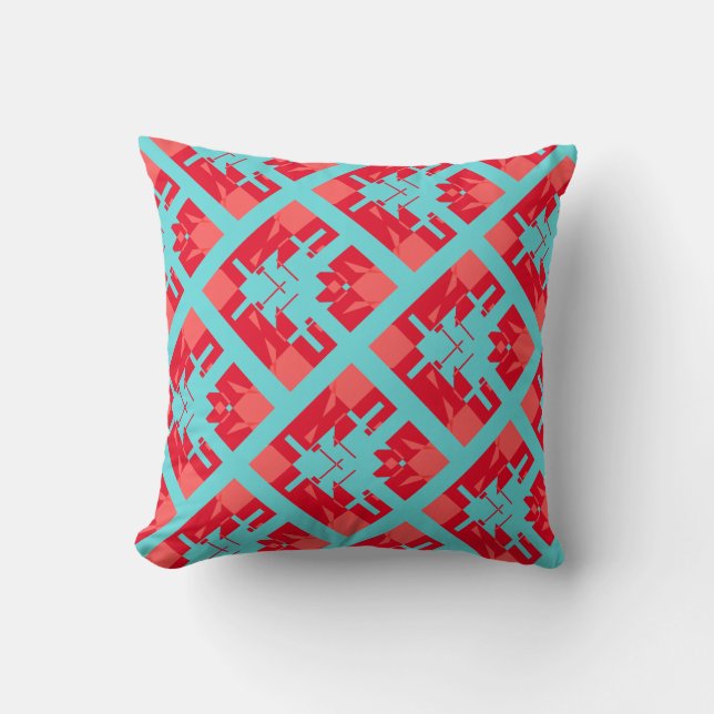 Red Shades Dark Aqua Diagonal Tile Design Cushion (Front)