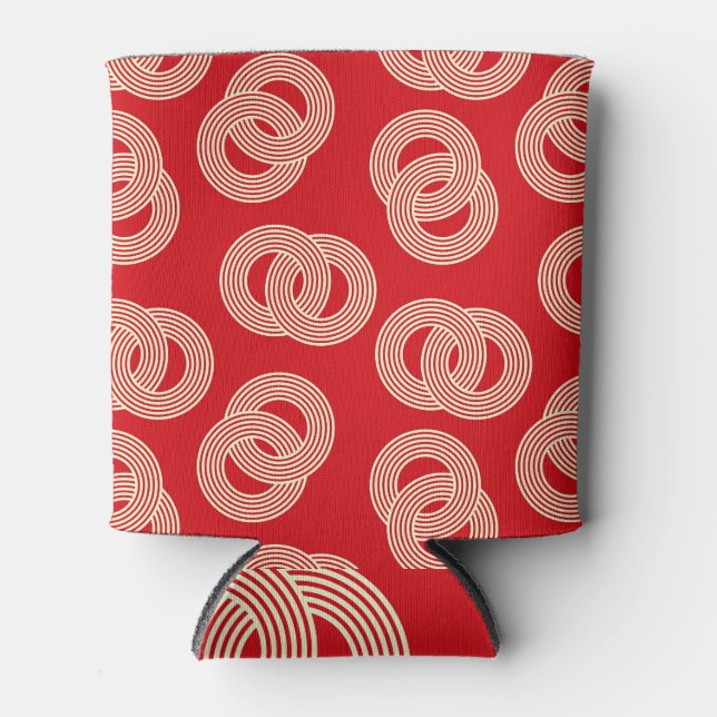 Red shades, interlocked striped rings pattern. can cooler (Front)
