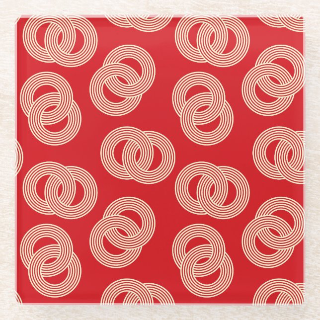 Red shades, interlocked striped rings pattern. glass coaster (Front)