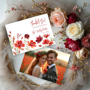Red Shades Romantic Floral Wedding Back Photo Thank You Card
