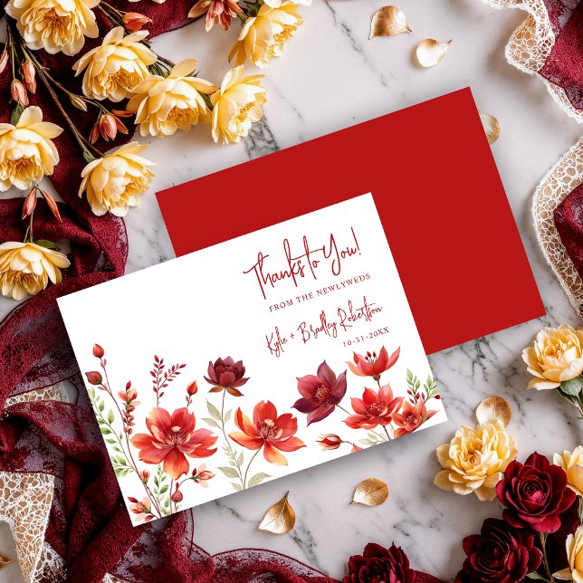 Red Shades Romantic Floral Wedding Thank You Card (Red Shades Romantic Spring Floral Wedding Thank You Cards.)
