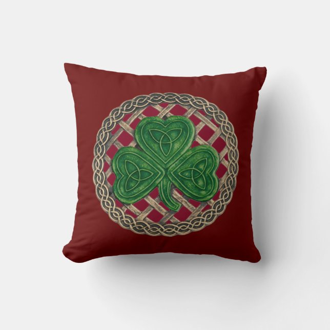 Red Shamrock And Celtic Knots Reversible Pillow (Front)