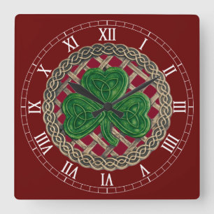 Red Shamrock And Celtic Knots Roman Numerals Clock