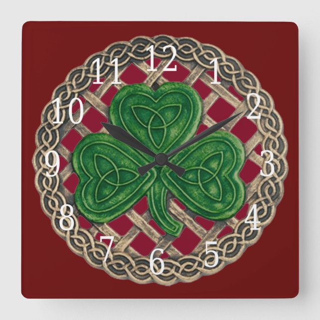 Red Shamrock And Celtic Knots Square Clock (Front)
