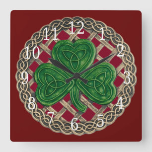 Red Shamrock And Celtic Knots Square Clock