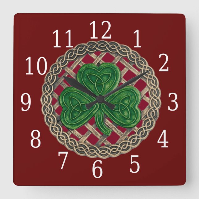 Red Shamrock And Celtic Knots Square Clock (Front)